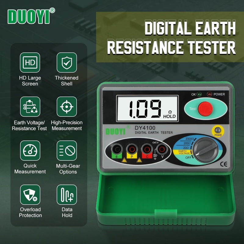 DUOYI Digital Earth Ground Resistance Tester,0-2000 ohm Meter Earth Resistance Tester,Overload Protection AC Ground Voltage Meter with 6Pcs 1.5V Battery,Tool Bag - Image 2